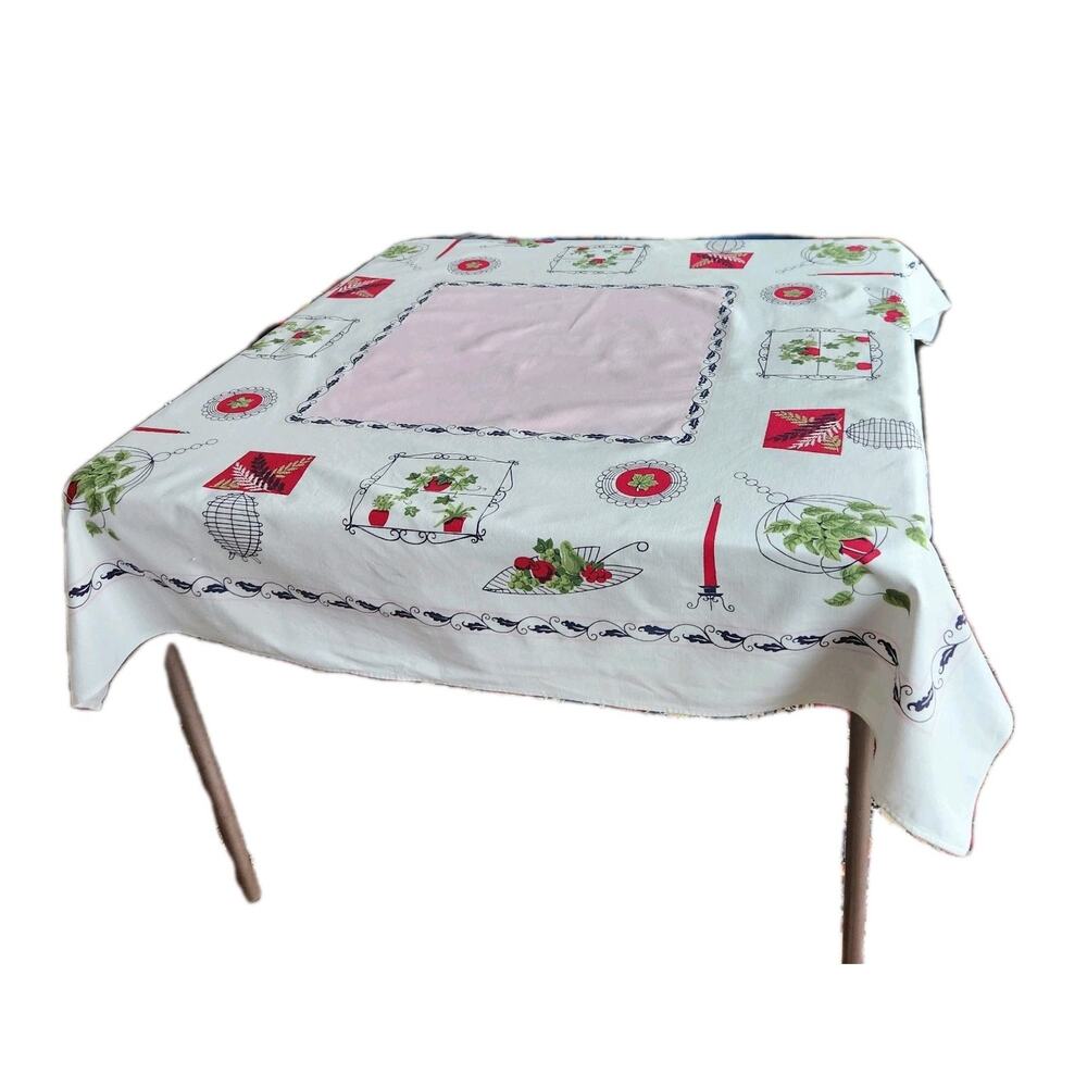 Vintage 50s MCM Sun Glo Retro Fruit Plants Square Tablecloth 47x47 Wrought Iron